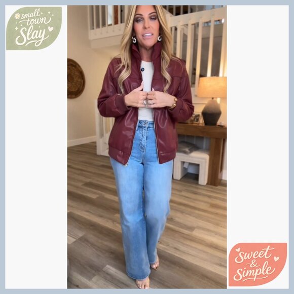 Oversized Faux Leather Bomber Jacket Long Sleeve Motorcycle Style - Picture 7 of 7